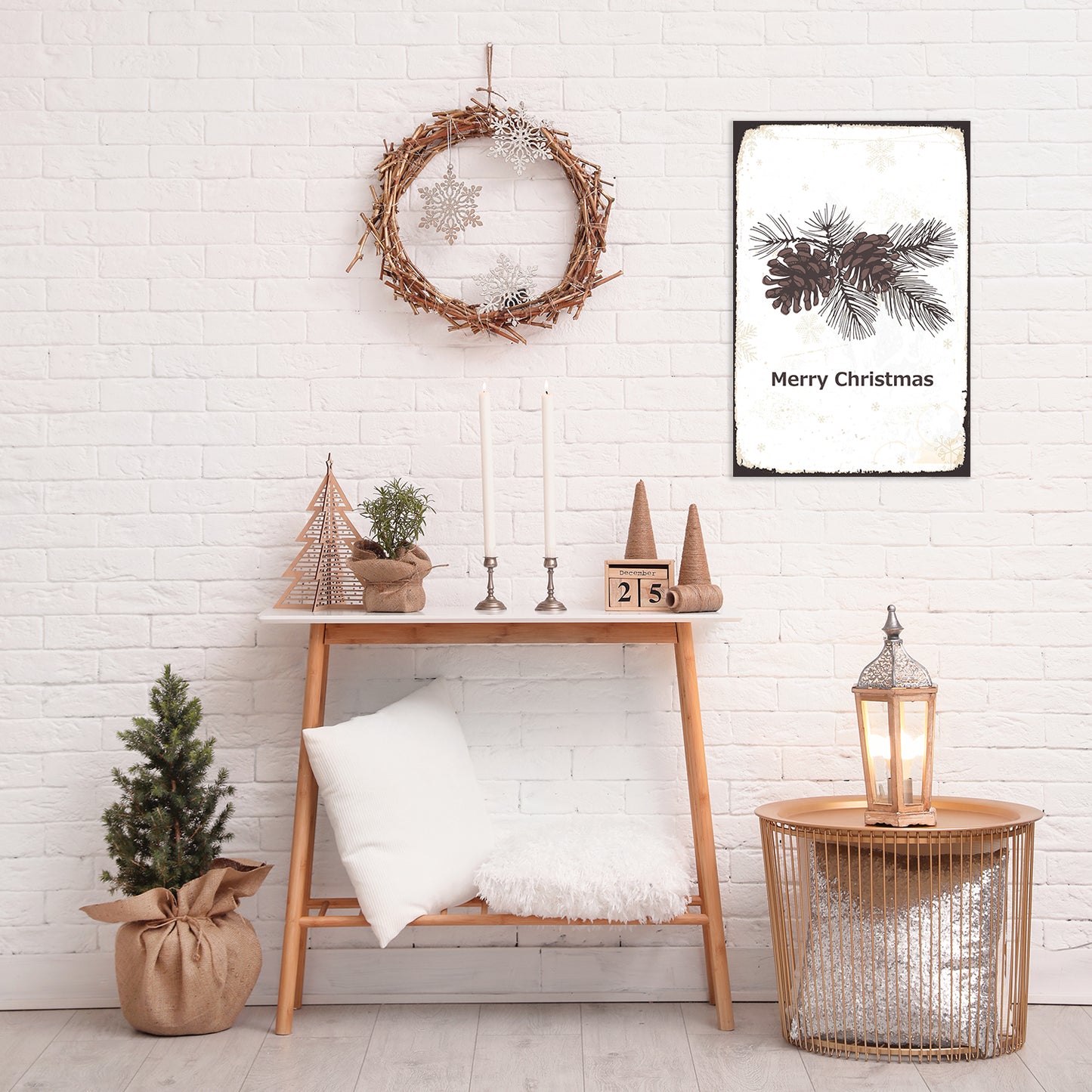 Blechschild - Merry Christmas Pinecones Wohnbeispiel