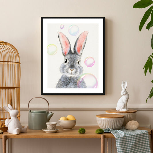 Rahmenbild - Hase mit Seifenblasen - Einrichtungsbeispiel Foto
