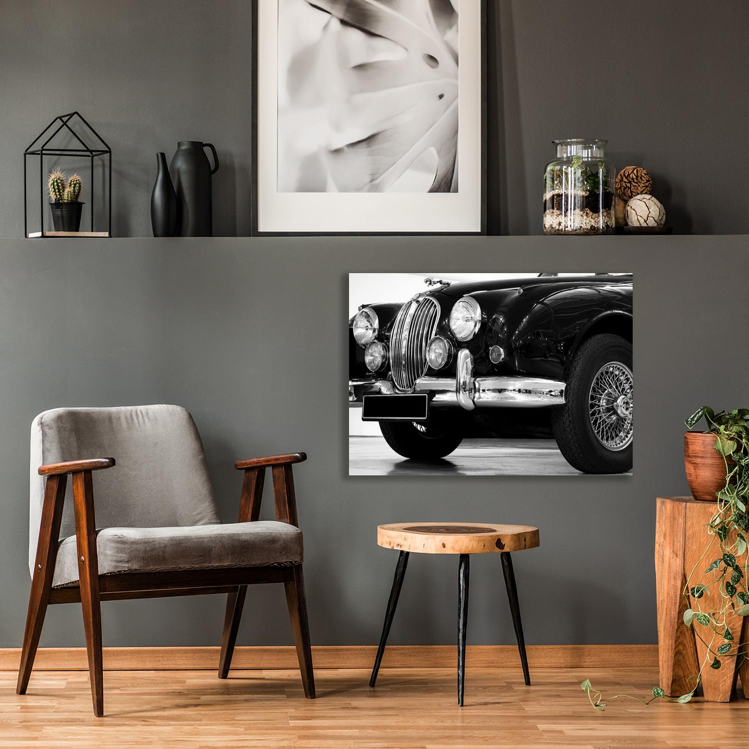 Aluminiumbild - Oldtimer Jaguar Wohnbeispiel
