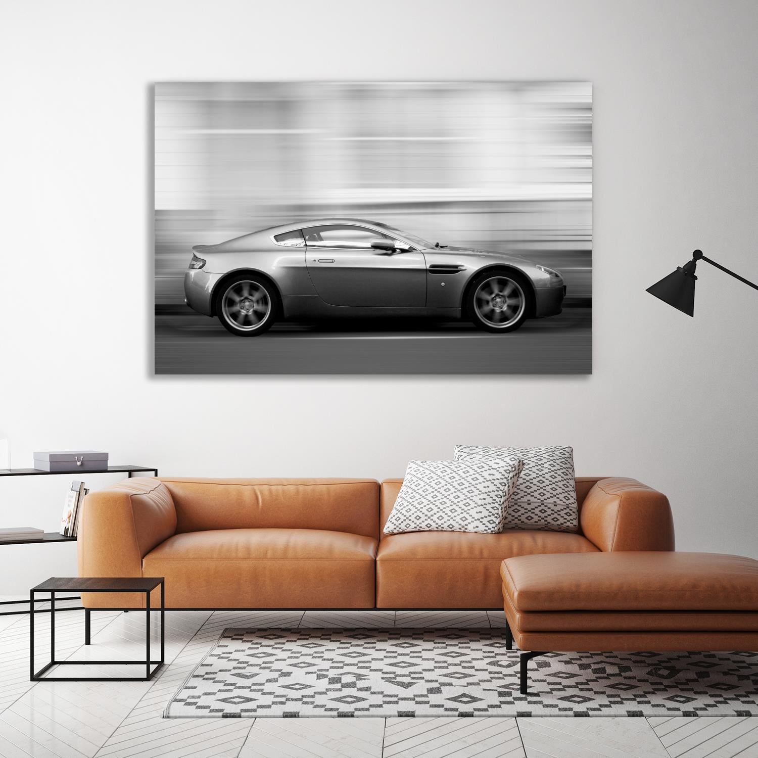 Aluminiumbild - Sportwagen Seite Schwarz Weiss Wohnbeispiel