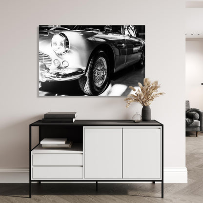 Aluminiumbild - Retro Auto Schwarz Weiss Wohnbeispiel